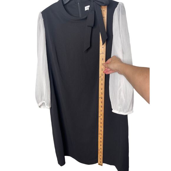 Calvin Klein 14 Illusion $99 Bow Tie Neck Sheer Long Sleeve Dress Black White - Picture 9 of 9